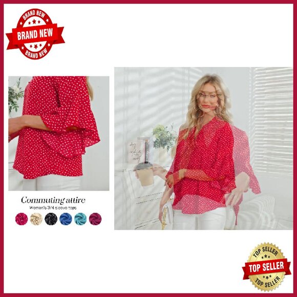 Chiffon Ruffle Sleeve V-Neck Blouse 3/4 Sleeve Button Down - Picture 8 of 8